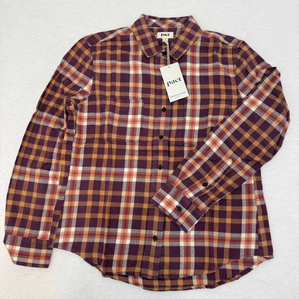 Pact Mila Flannel Button Up Shirt Womens Medium Maroon Plaid Organic Cotton